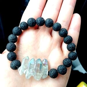 Lava stone 9mm bead raw quartz crystal stretch bracelet